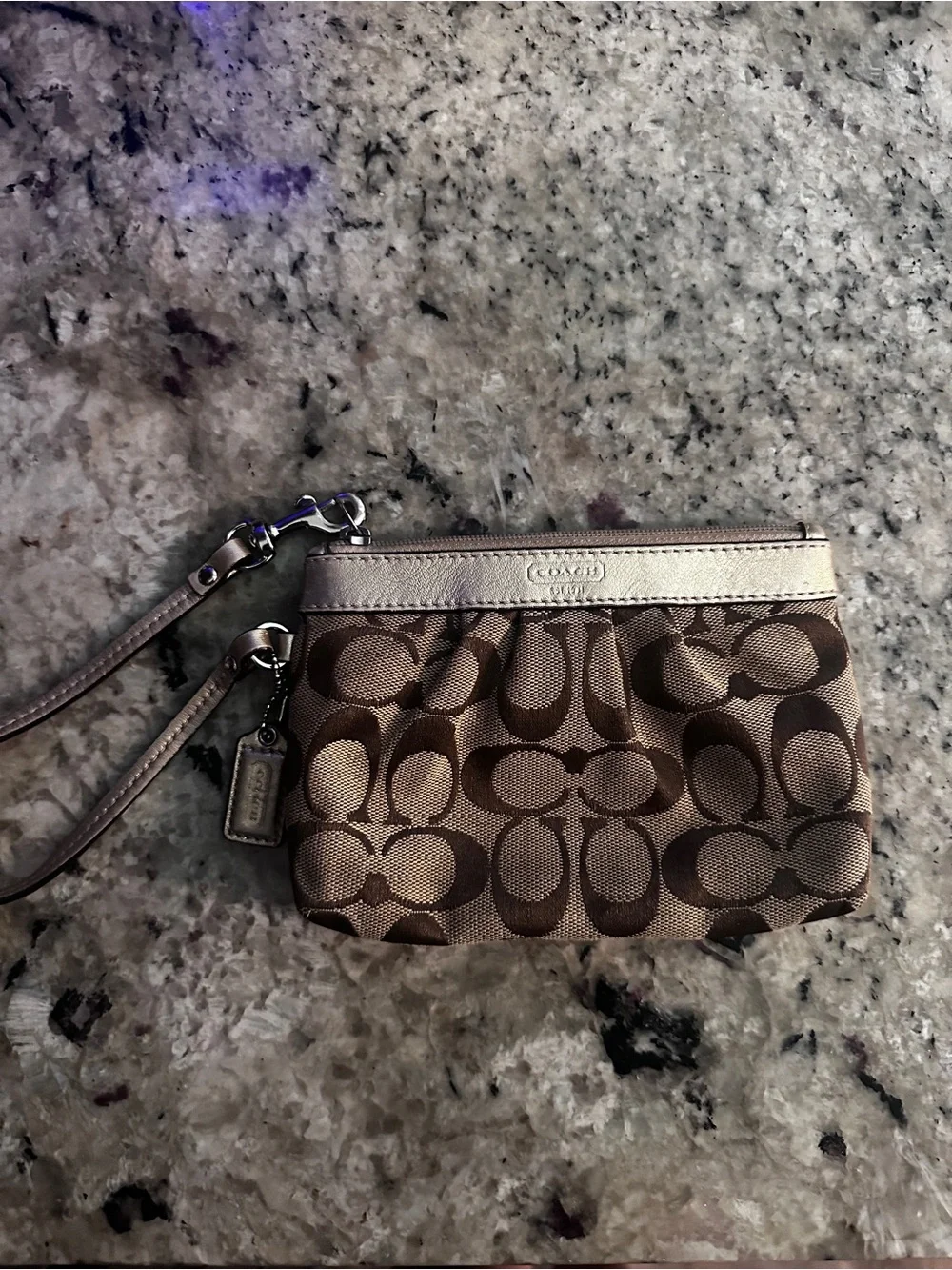 Coach Brown Signature Canvas Wristlet with Metallic Trim